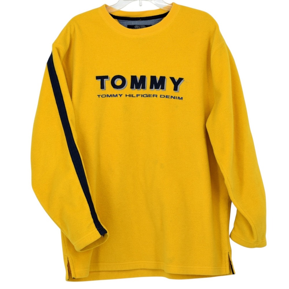 VTG Y2K Tommy Hilfiger Jeans Yellow Spell-Out Pullover Fleece Sweatshirt Men's L